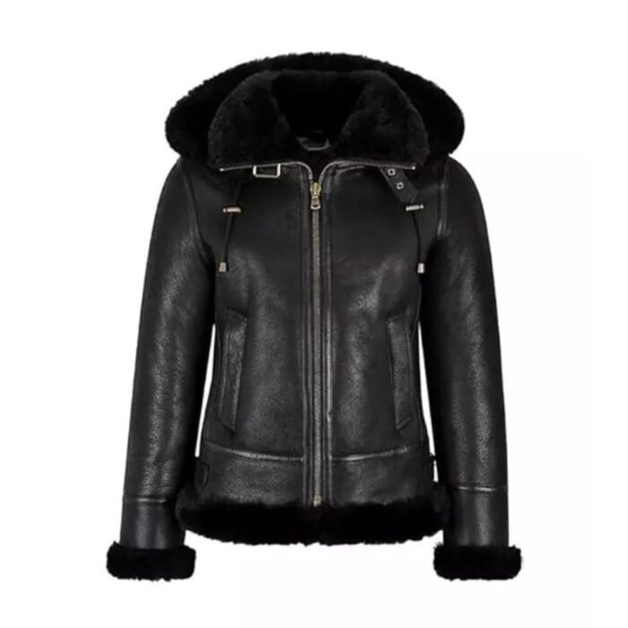 Black Hooded Shearling Jacket
