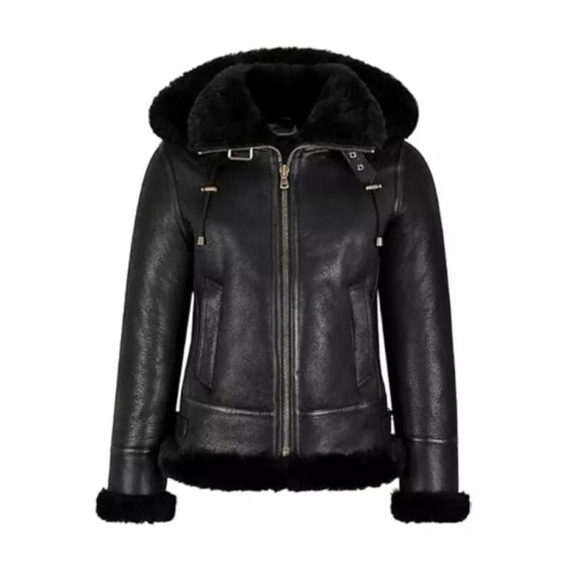 Black Hooded Shearling Jacket