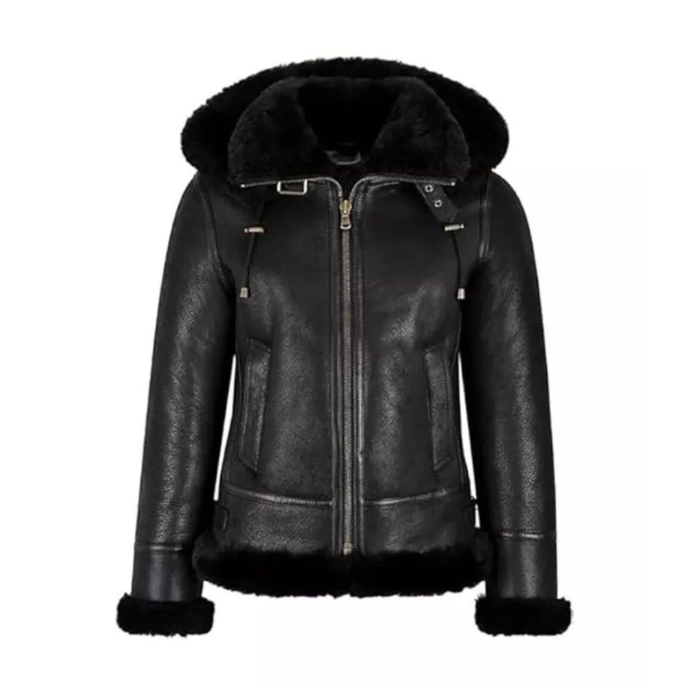 Black Hooded Shearling Jacket